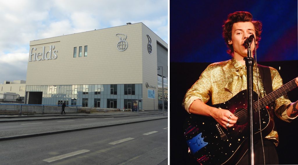 Bilder på köpcentrumet Field's och på Harry Styles när han sjunger iklädd en guldig blus.